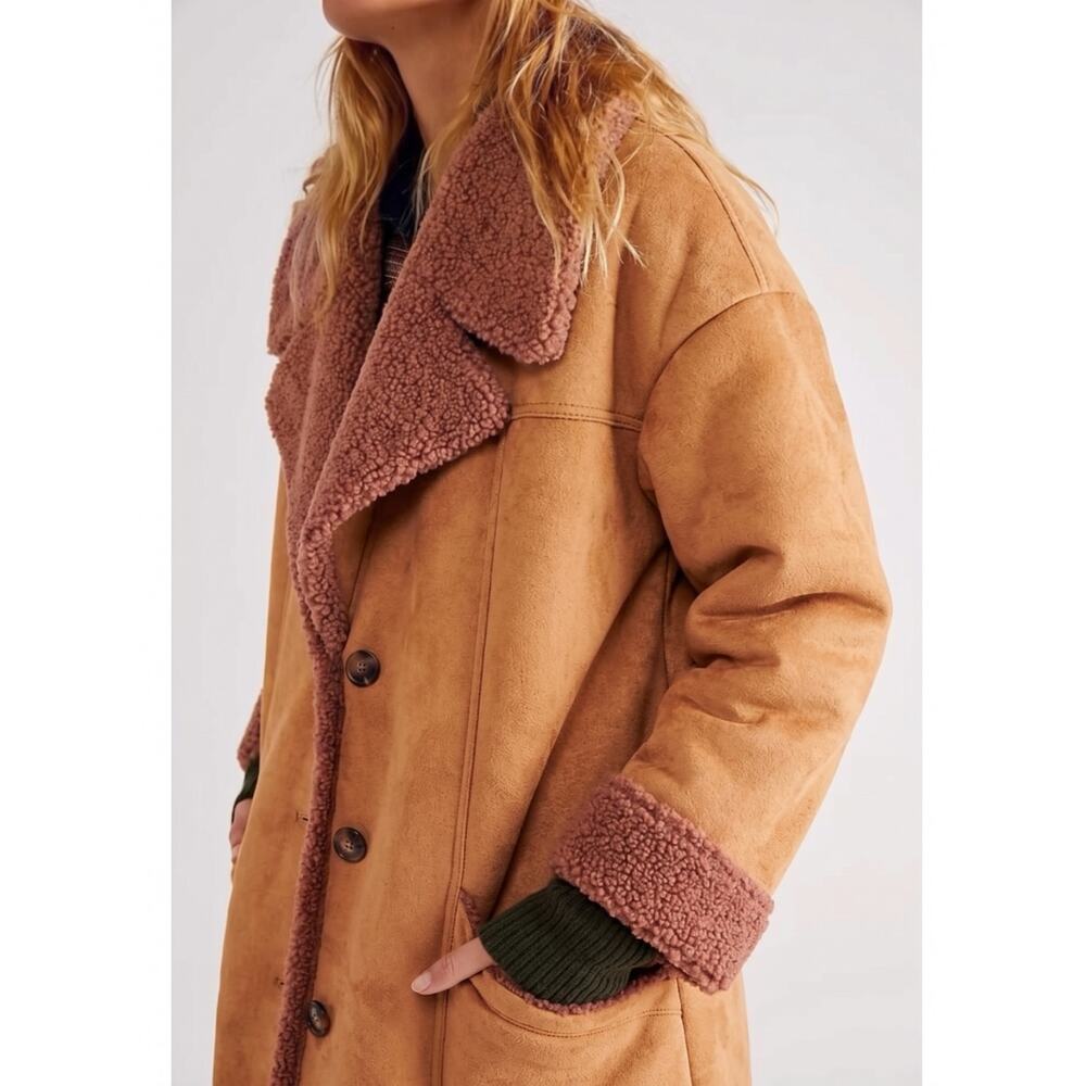 Free People Western Bohemian Retro 70s Faux Sherpa Suede Diogo Coat Size XL - Picture 3 of 13